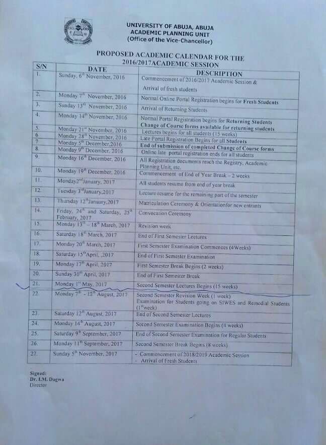 UNIABUJA Proposed 2016/2017 Academic Calendar Session