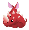a red rhino with horns all over its head