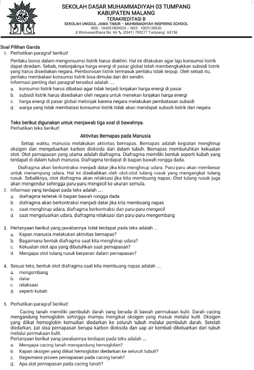 RIO ANNAAS ISLAMIYAH: KELAS 5 LATIHAN SOAL PTS TEMA 2 (BAHASA INDONESIA)