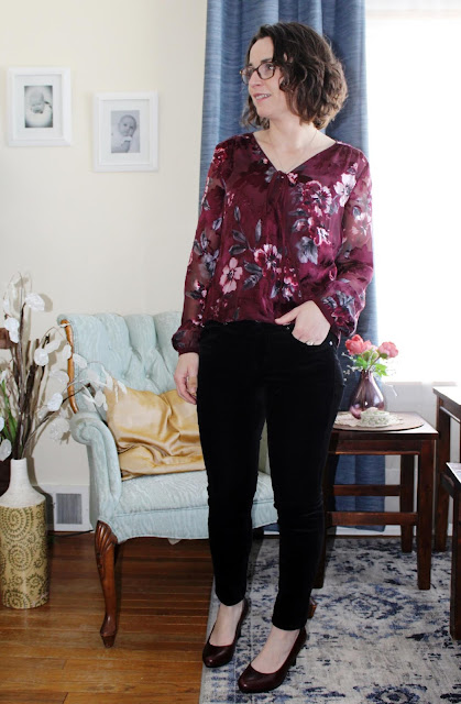 Ellibelle's Corner: Fashion Over Forty: Burgundy Floral Blouse and ...