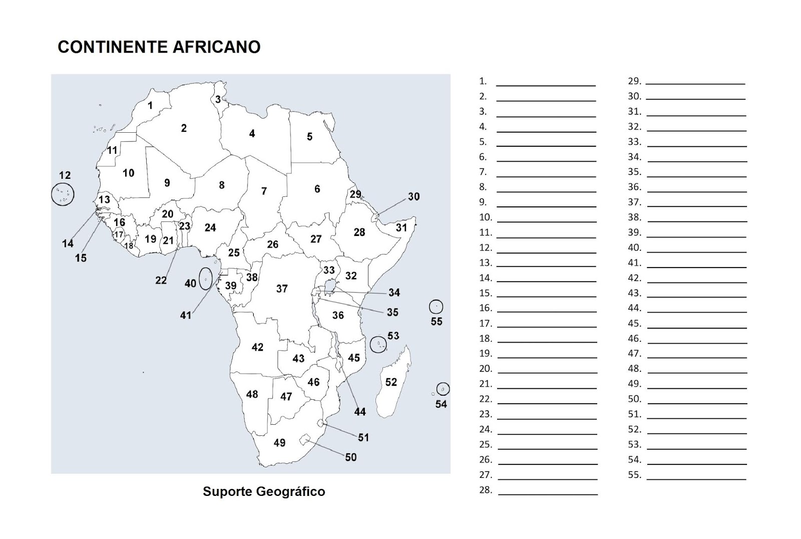 Mapa do continente africano numerado em PDF Atividade