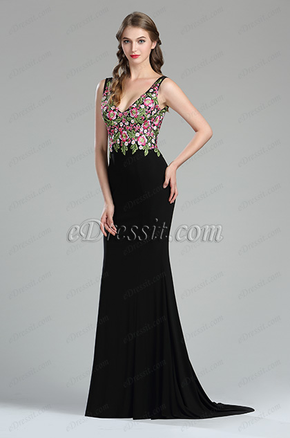 Sexy Floral Embroidery Long Black Evening Dress Side