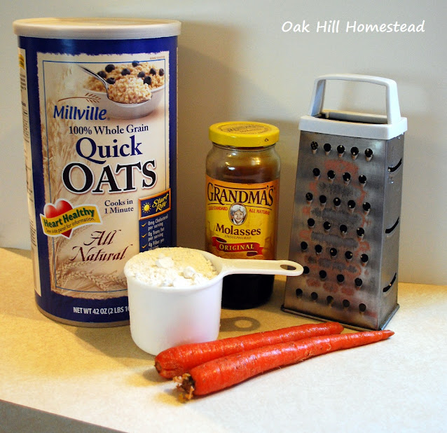 The ingredients for these easy molasses horse treats: oats, molasses, flour and carrots.