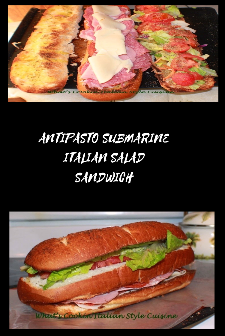 this is an antipasto made into a submarine sandwich for the holiday labor day weekend round up of recipes. This is filled with all kinds of imported italian meats with lettuce, tomato, cheese and salad dressing made into one huge loaf of Italian bread