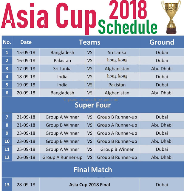 Asia cup 2018 Match Schedule, Date and Venue