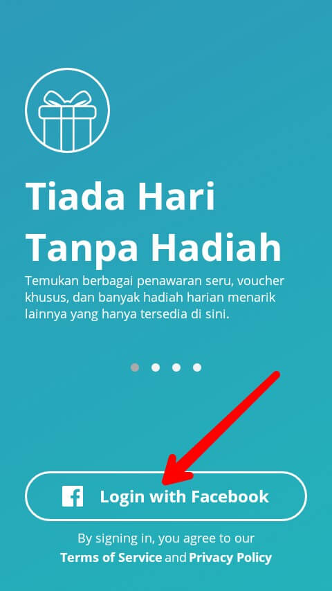 Akan muncul Informasi tentang aplikasi Surfee. Silahkan Anda pilih "Login With Facebook" dan pilih "Lanjutkan".