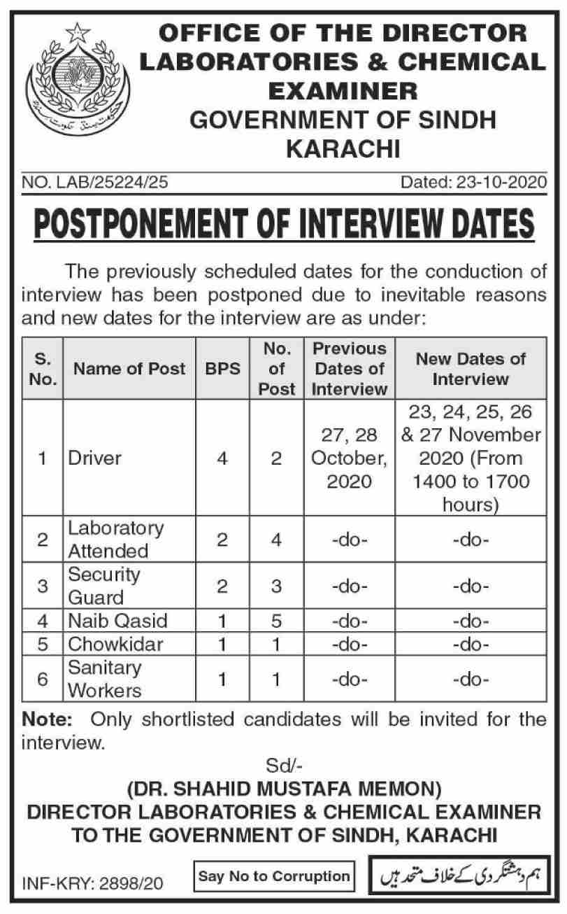 Laboratories & Chemical Exams Government of Sindh Karachi Jobs 2020