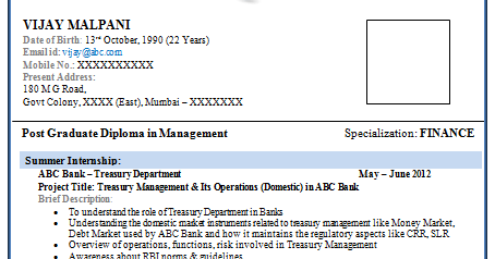 resume mba finance