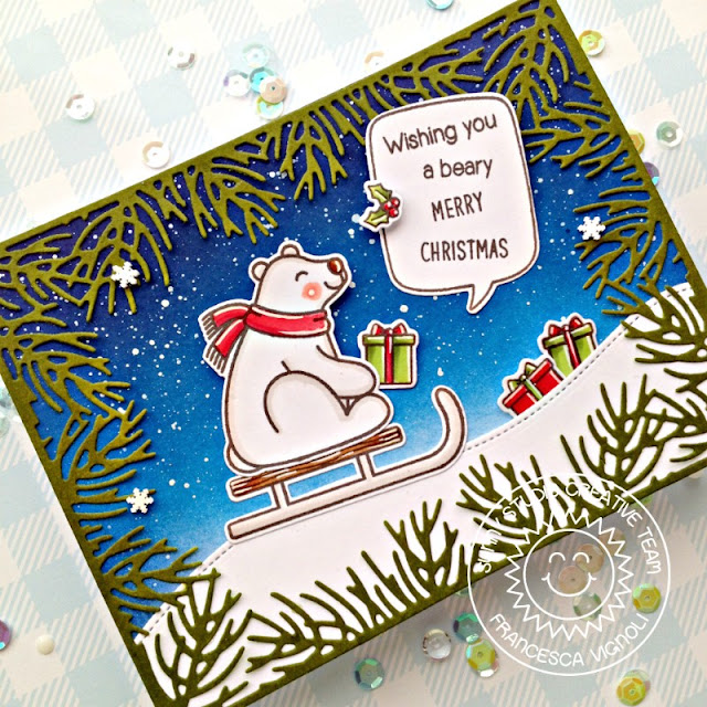 Sunny Studio Stamps: Christmas Garland Frame Dies Playful Polar Bears Santa Claus Lane Woodland Border Dies Merry Christmas Card by Franci Vignoli