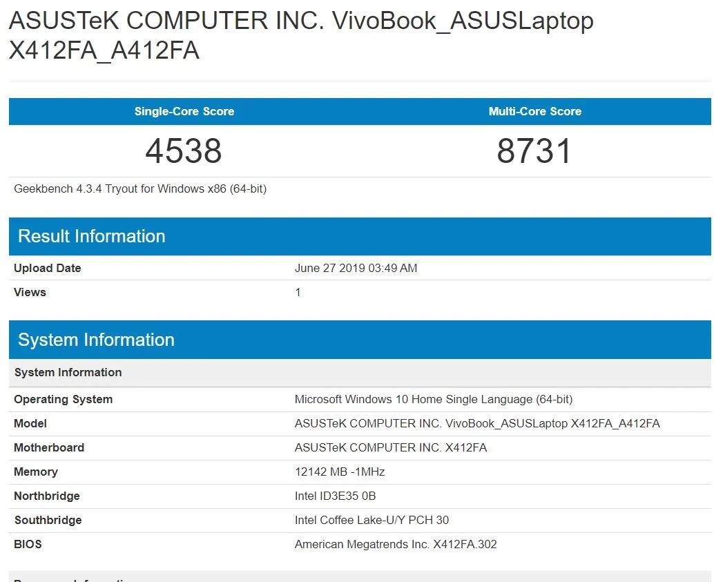 Benchmark Geekbench 4 Asus Vivobook Ultra A412FA EK303T