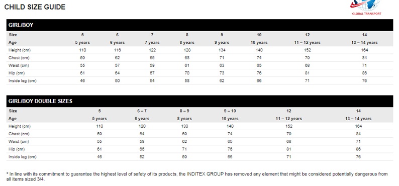 Bảng size quần áo Zara cho trẻ em