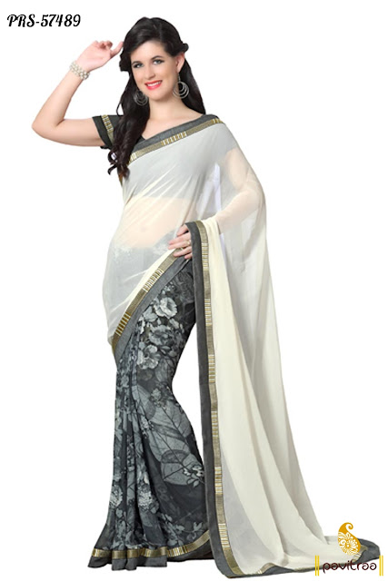 Indian Republic Day Special White Georgette Casual Saree Online