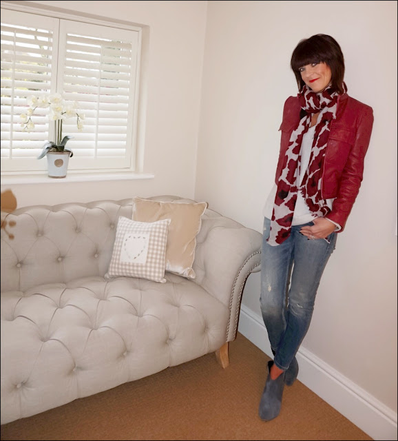 My Midlife Fashion, mango red leather jacket, mercy and delta leopard print scarf, boden cashmere relaxed jumper, zara distressed skinny jeans, hush thornton ankle boots