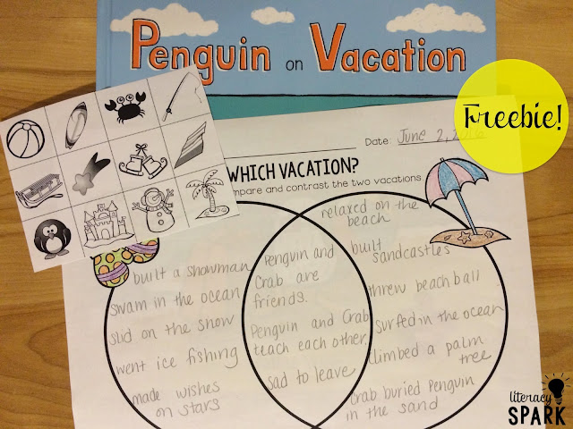 FREE printables for the mentor text Penguin on Vacation by Salina Yoon.  Comparing/contrasting, theme, and describing/retelling events.  Perfect summer book for preK through first.