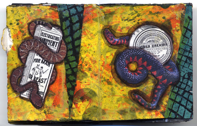 Handmade collaged accordion book about snakes