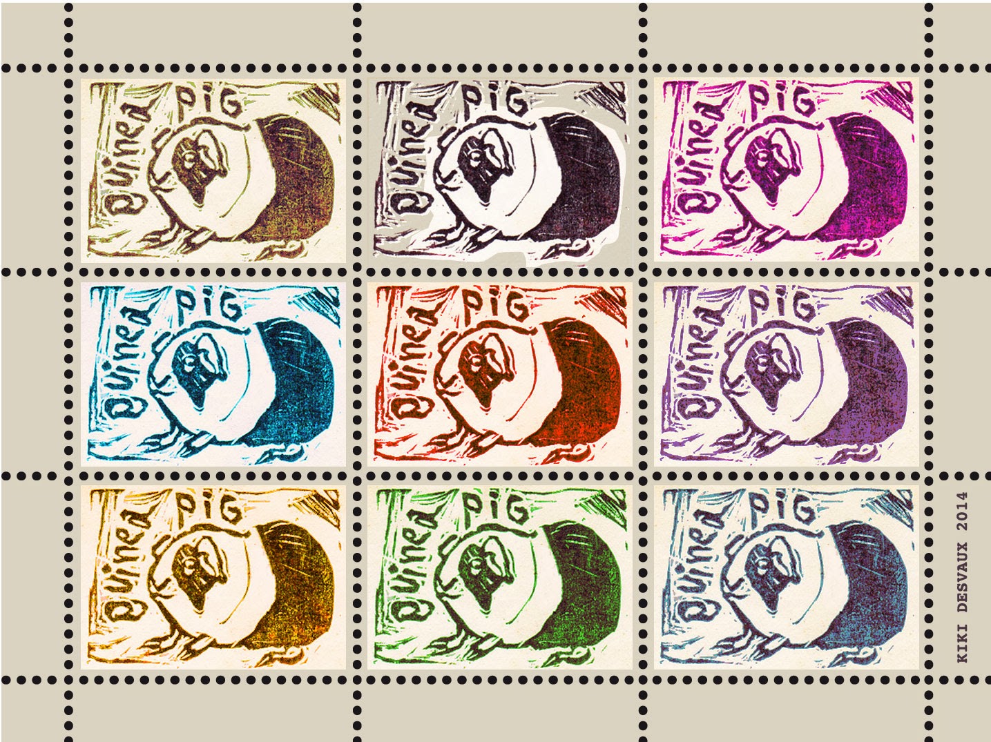 Mail Art: planche de faux timbres d'après mes derniers tampons