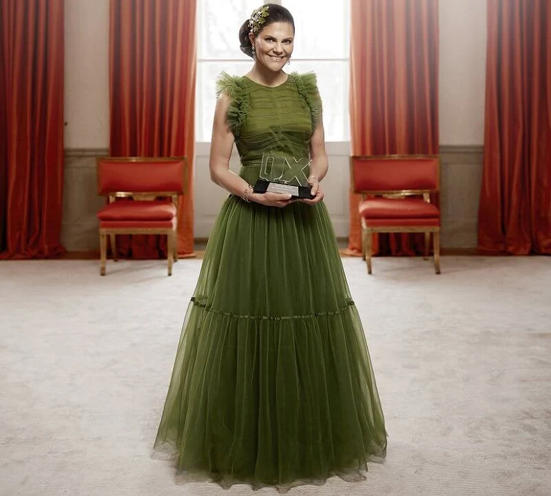 Crown Princess Victoria wore a new green tulle dress from H&M Conscious Exclusive AW 2020 collection, and nocturnal tiara from Maria Nilsdotter