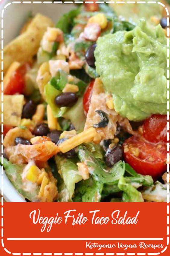 This Veggie Frito Taco Salad is SO good and filling. Lettuce, tomato, black beans, cheese, Fritos and a delicious dressing!