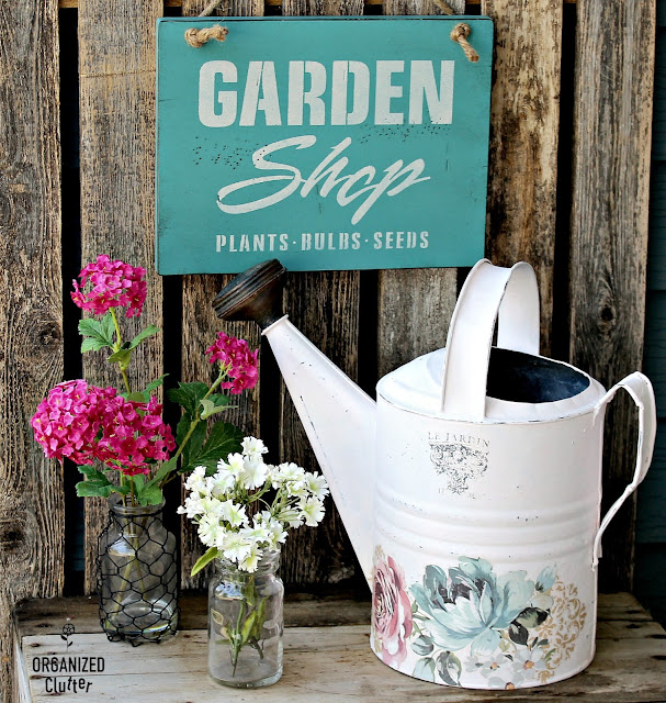 Up-cycled Watering Can & Repurposed Paint Finish Sample Signs #iodtransfer #primamarketing #oldsignstencils #stencil #upcycle #repurpose #signs #wateringcan #shabbychic