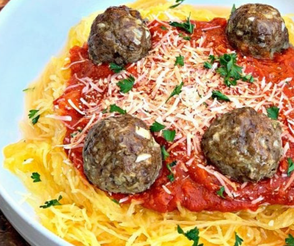 Keto LowCarb Spaghetti Squash Pasta with Marinara Sauce and Meatballs