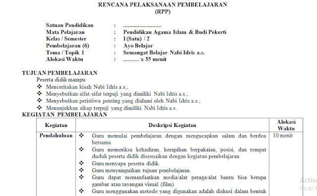 RPP 1 Lembar PAI SD/MI terlengkap dari kelas 1,2,3,4,5, dan 6