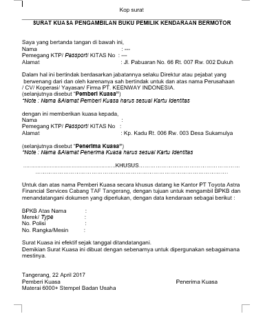 Contoh Surat Kuasa Pengambilan Bpkb Mobil Bagi Perusahaan