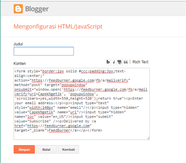 Cara Menampilkan FeedBurner di Blog Cara Menampilkan FeedBurner di Blog