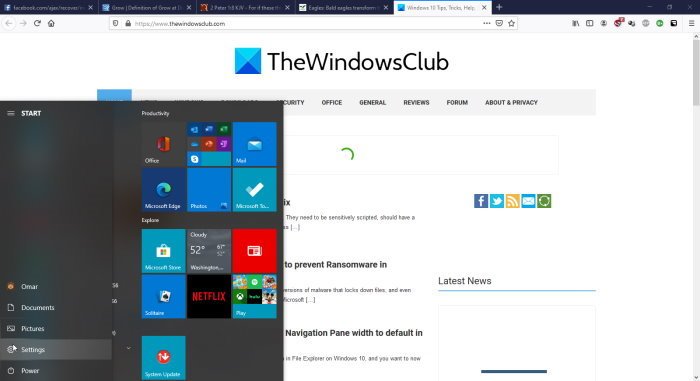 Стартовое меню Windows 10