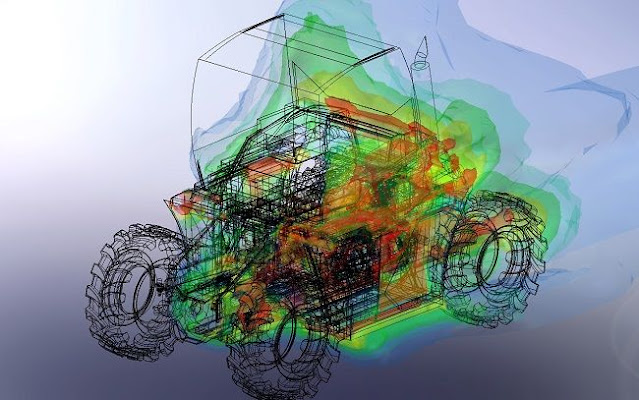 Full-scale simulation: Thermal management of agricultural application. Temperature distribution of cooling airflow in engine compartment.
