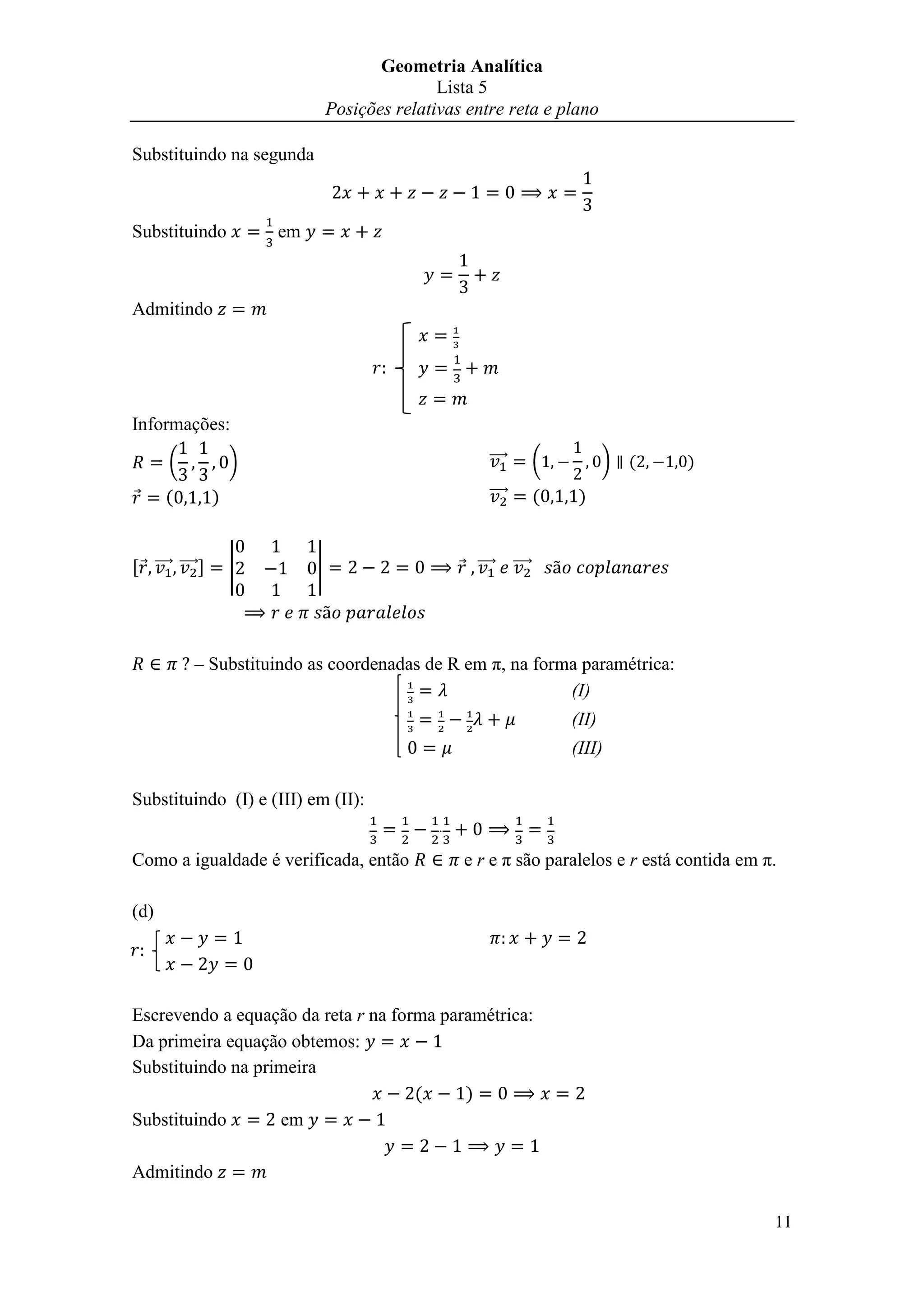 Lista de Exercícios sobre posição relativa entre reta e plano