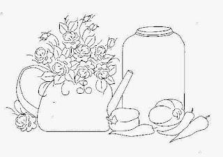 desenho de bule com rosinhas, um pote , pimentoes e pimentas para pintar em tecido