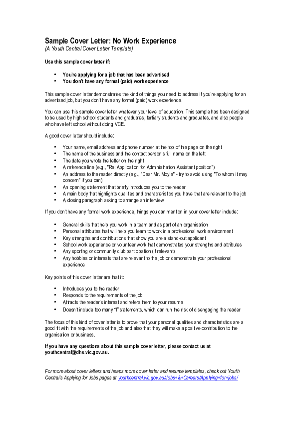 Sample Cover Letter For Students With No Work Experience Sample Letter