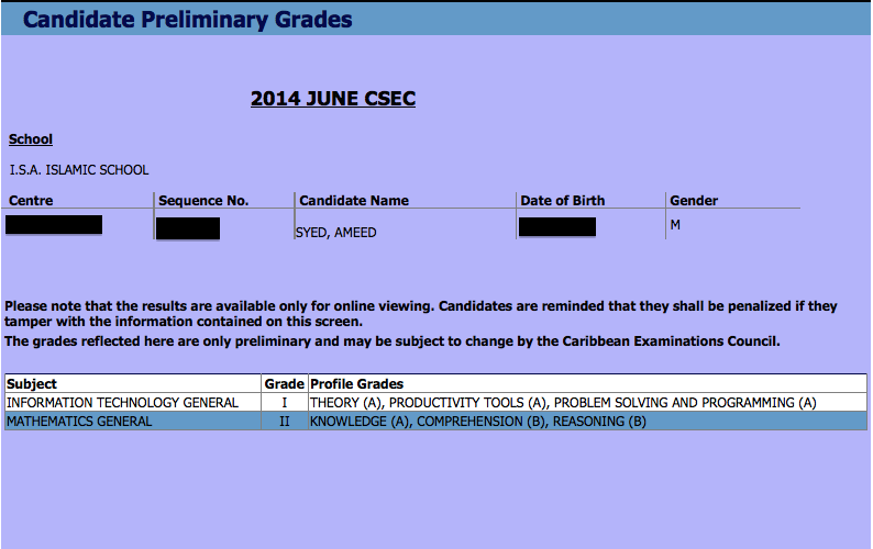 AMEED'S SECONDARY DIVISION BLOG Ameed's CSEC 2014 Score