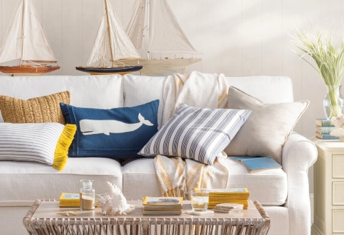 White Coastal Nautical Living Room Idea with Slip Covered Sofa