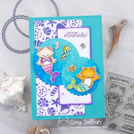 Let's be mermaids by Amy features Purr-maid Newton, Circle Frames, and Seashells by Newton's Nook Designs; #inkypaws, #newtonsnook, #cardmaking, #catcards