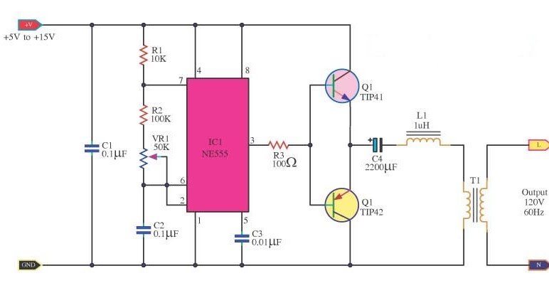 Dc To Ac Inverter By Ic 555 Circuit Diagram