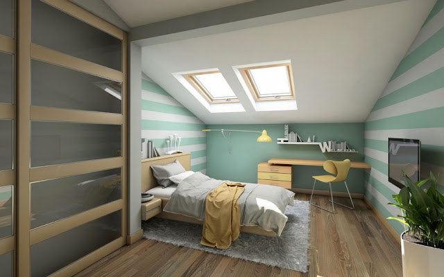 Schlafzimmer-dachschrägen-für-jugendzimmer-modern-Design-in-weiß-und-mintgrün-Farben-Dekor
