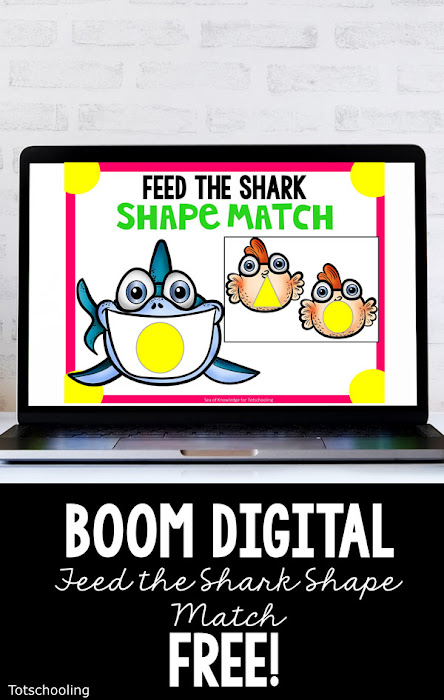 FREE Boom cards for digital learning with a shark theme. Toddlers and preschoolers will love learning shapes with this drag and drop style game to feed the sharks! Perfect for distance or remote learning!