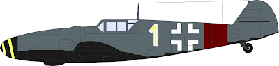 Wooden wartime model of Gelbe "1" flown by Staffelkapitän Lt. Manfred Dieterle with a blue grey camouflage scheme suitable for nightfighters. The lower surfaces and the the wing root area are semi-gloss black with no national insignia – Balkenkreuze. The upper surfaces are a non-RLM blue grey color. The spinner is semi-gloss black with a pale yellow spiral and the Rumpfband is wine red.