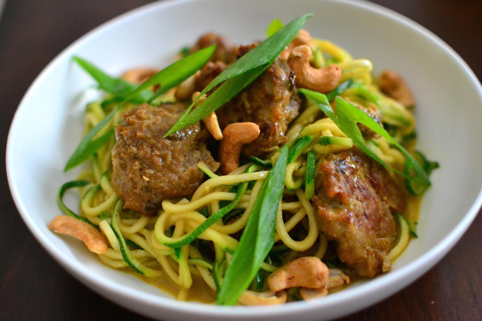 Turkey Meatballs, Zoodles, with Almond Butter Satay Sauce
