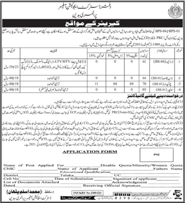 Sindh District Education Officer Primary Latest Jobs 2021 Advertisement