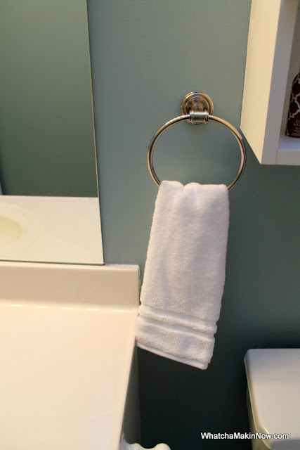 guest bathroom makeover - aqua, white, gray, yellow - @whatchamakinnow