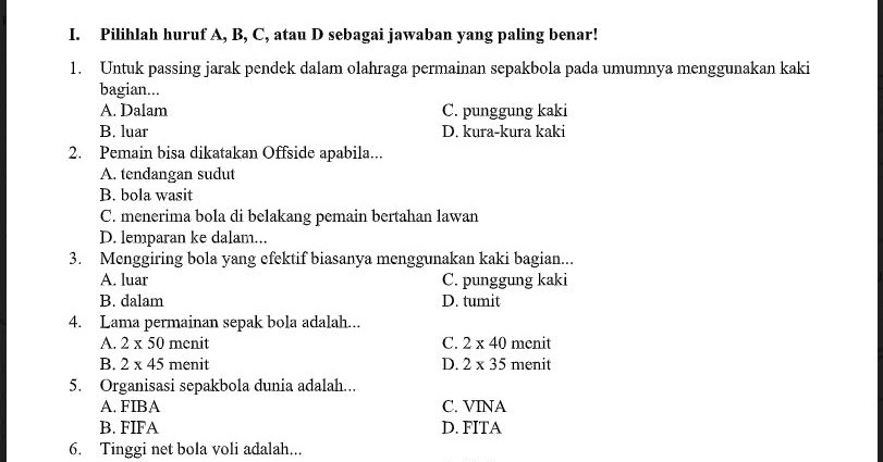 Soal PAS Pendidikan Jasmani Olahraga dan Kesehatan Kelas 7