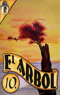 the loteria divination card "El Arbol", a mystical design featuring a tree in fall, against an ocean background.