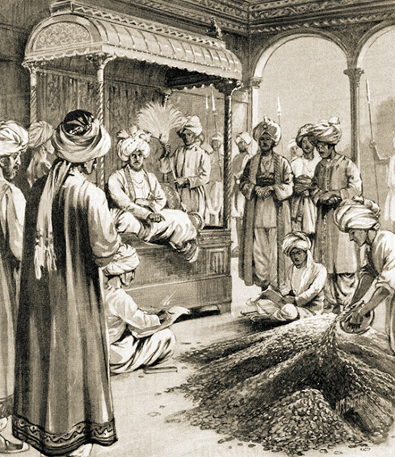 Muhammad Tughlaq orders his Brass coins to pass for silver - an imaginary drawing from Hutchinson's Story of the Nations
