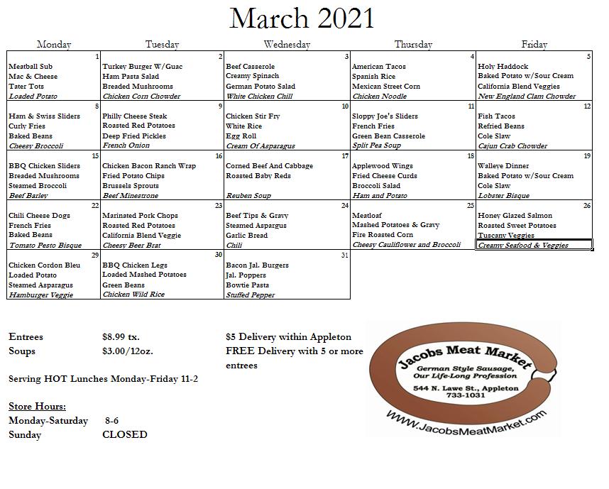 March 2021 HOT Lunch Menu Jacobs Meat Market