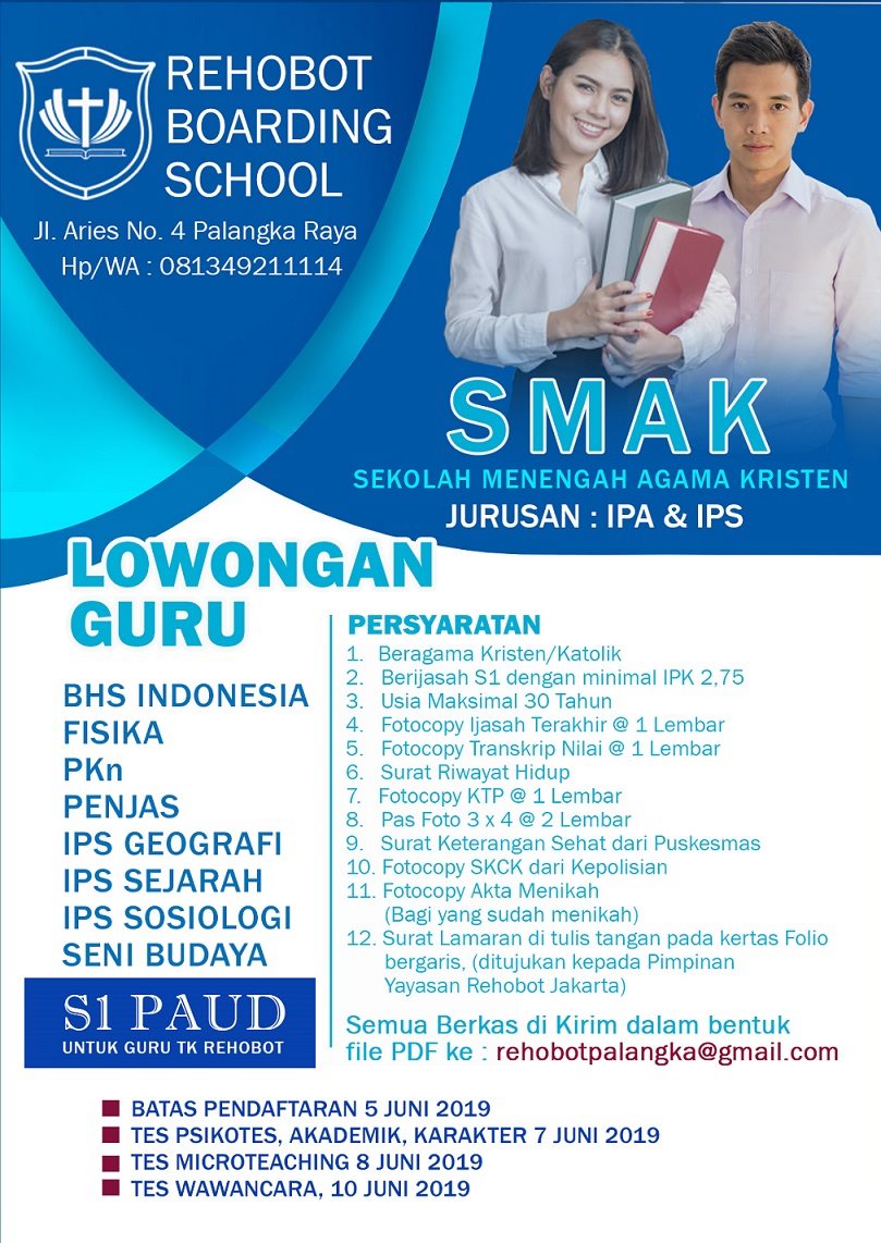 Lowongan Kerja Rehobot Boarding School Palangka Raya 2019