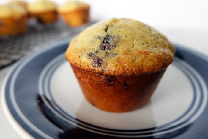 honey cornbread muffin with bacon blueberries and cheddar cheese on plate