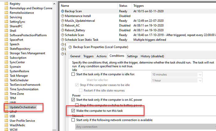 Deshabilite la tarea programada de escaneo de Update Orchestrator para que no active mi computadora