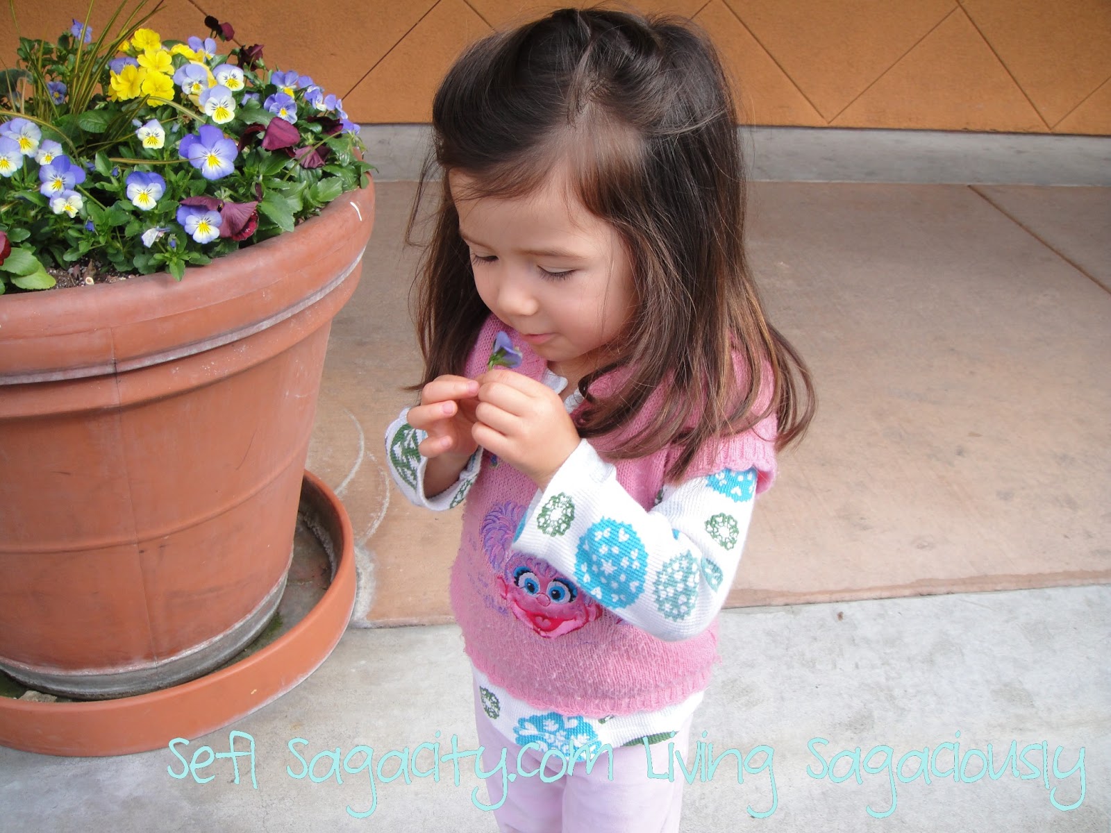 toddler girl smelling flower